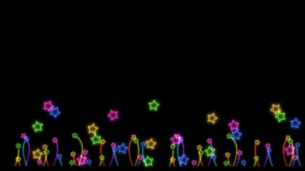 Tęcza kolorowe duże gwiazdy i małe kwiaty gwiazdy neon światła elementów znak taniec na czarnym ekranie — Wideo stockowe
