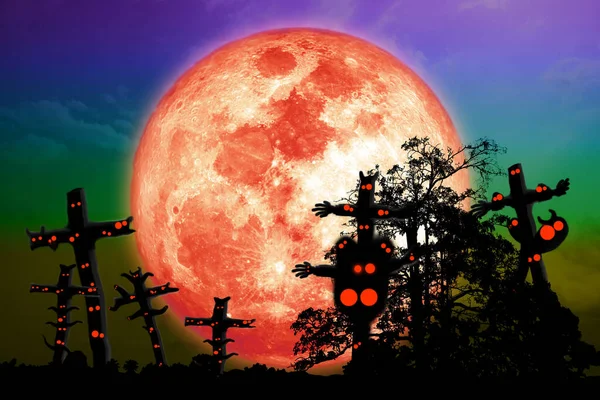 Pleine Lune Sang Arbre Silhouette Sur Ciel Nocturne Avec Fantômes — Photo