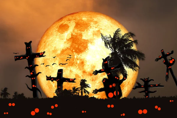 Super Blood Moon Silhouette Coconut Tree Field Night Sky Tomb — Stock Photo, Image