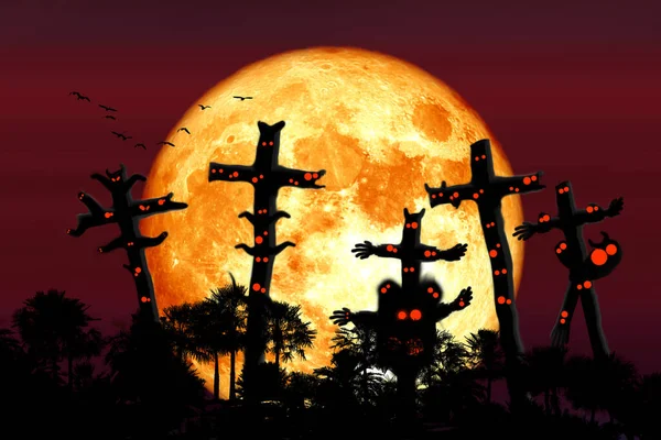 Super Blood Moon Silhouette Tomb Ghosts Night Sky Elements Image — Stock Photo, Image