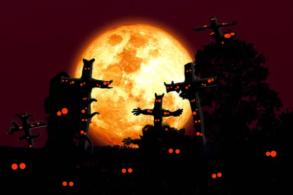 Super Lune Sang Arbre Silhouette Dans Champ Ciel Nocturne Rouge — Photo