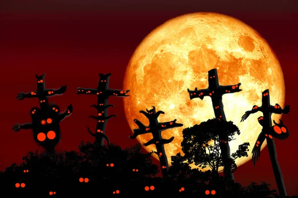 Szuper Vér Hold Sziluett Tetején Éjjel Vörös Szellemek Elemei Kép — Stock Fotó