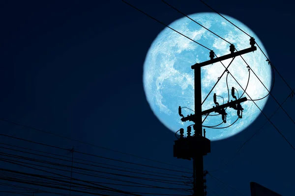 Super Sturgeon Blue Moon Back Silhouette Power Electric Line Night — 스톡 사진