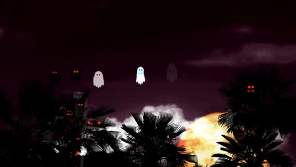 Полная луна Хэллоуина на ночном небе назад силуэт пальмы и духов в тематическом парке призраков — стоковое видео