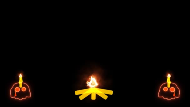 Череп привида зі свічкою та багаттям Хеллоуїн табір на чорному екрані — стокове відео