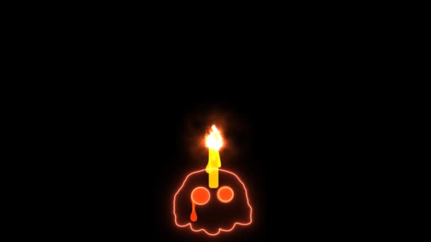 Geisterschädel mit Kerze vergrößert das Brennen zu Halloween Texteffekt auf schwarzem Bildschirm — Stockvideo