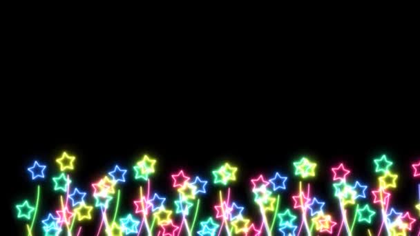 Regenbogen bunte große und winzige Blumen Sterne langsam tanzen auf schwarzem Bildschirm — Stockvideo