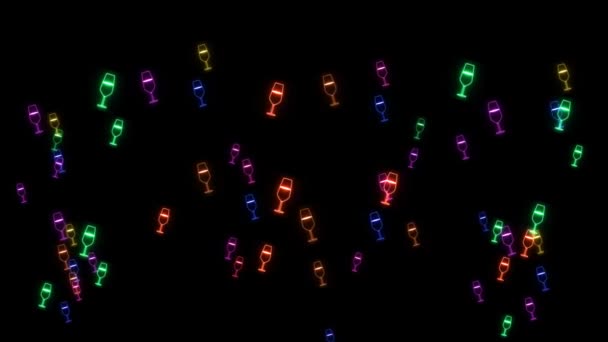 Rainbow colorido resplandor copa de champán volando todo el marco en pantalla negra — Vídeo de stock