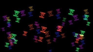 Gökkuşağı renkli aşk metinleri ve şekilli kalpler siyah ekranda uçuşuyor.
