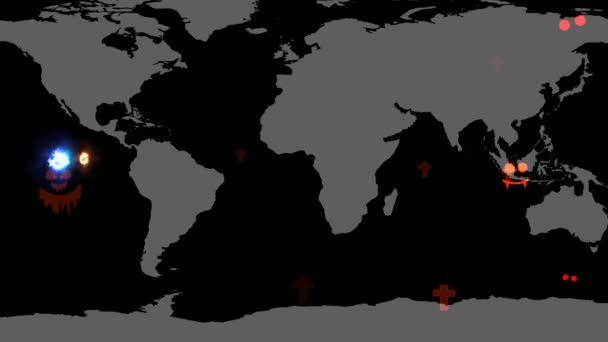 Lilin tengkorak mencoba melarikan diri dan menangis minta tolong sementara roh-roh lapar terbang mengejarnya di latar belakang peta dunia taman malam Halloween — Stok Video