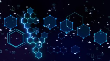 Fütürist dijital sosyal medya soyut siber güvenlik bağlantı sistemi asma kilitli entegre altıgen ve wifi TV akıllı telefon e- posta paylaşımı oturma simgesi