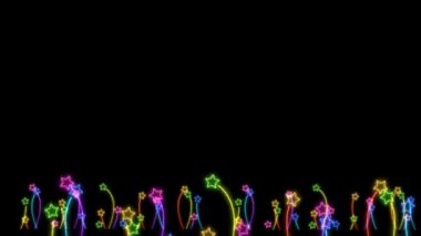 Gökkuşağı rengarenk büyük ve küçük çiçekler Siyah ekranda dans eden yıldızlar