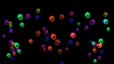 Gökkuşağı renkli kedi ayak izleri uçuşuyor. Siyah ekranda bayram için selamlar.