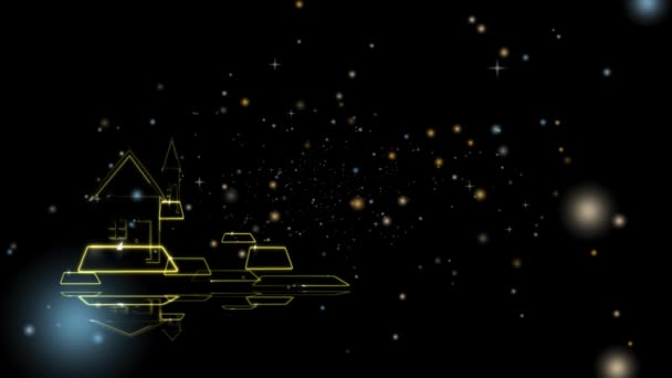 Reflexão de brilho villa brilho e partículas estrelas neve dourada e desapareceu na tela preta, viagem conceito relaxar para férias — Vídeo de Stock