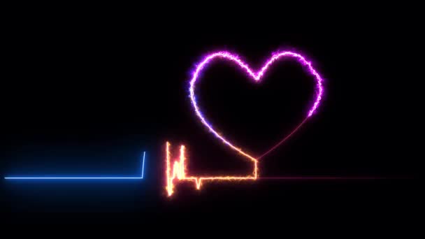 Rytm hjärta slå linje symbol regnbåge neon ljus på den svarta skärmen — Stockvideo