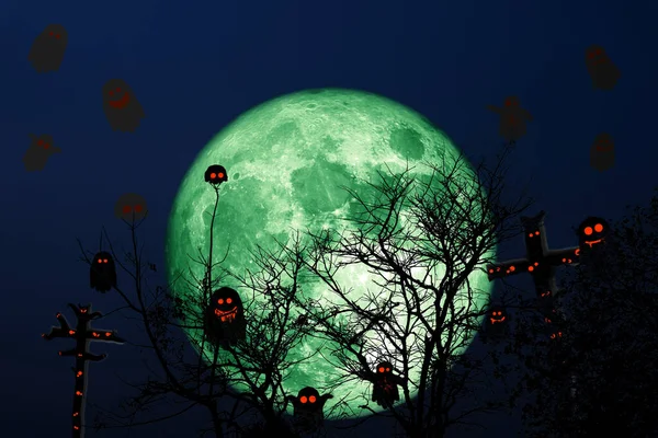 Super Grain Green Moon Silhouette Dry Tree Night Sky Elements — Stock Photo, Image