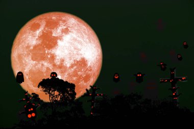 Gece gökyüzünde dolunay mavi ay ve siluet, NASA tarafından desteklenen bu görüntünün elementleri.