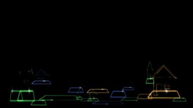 Dijital mimari ev köyü ve temiz enerji siyah ekran üzerinde fütüristik holografik modern teknoloji inşa etme etrafında hareket ediyor