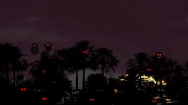 Gece gökyüzünde Cadılar Bayramı kanlı ayı siluet palmiye ağacı ve hayalet parkında gizemli kırmızı gözlü ruhlar.