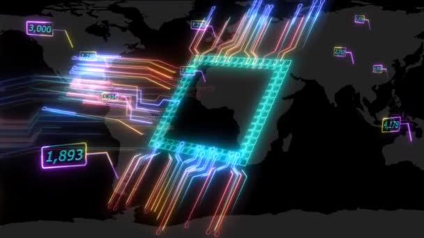 Futuristický digitální inteligentní zvrácené světlo foton vysokorychlostní čip a skóre deska technologie zpracování dat plný výkon a energetický článek pohybující se kolem a svět mapa pozadí — Stock video
