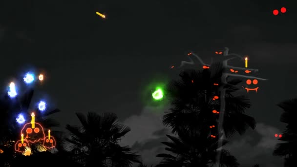 Schedels hoogleraar gooien kaars aan het graf en Halloween maan aan de nachtelijke hemel met grappige geesten in ghost themapark — Stockvideo