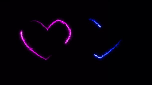 Deux coeurs en forme de symbole lumineux néon coloré effet de texte en mouvement sur l'écran noir — Video