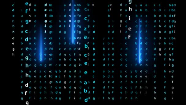 Alfabeto de matriz y efecto de luz abstracta láser azul cayendo en pantalla negra — Vídeos de Stock