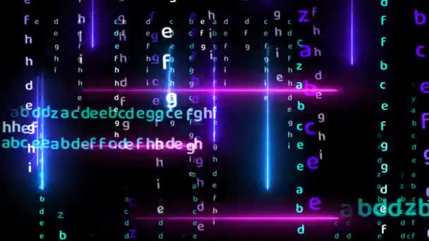 Matriseregnbuealfabet vertikalt og horisontalt med magentarød og lilla laserabstrakt lyseffekt som faller på svart skjerm – stockvideo