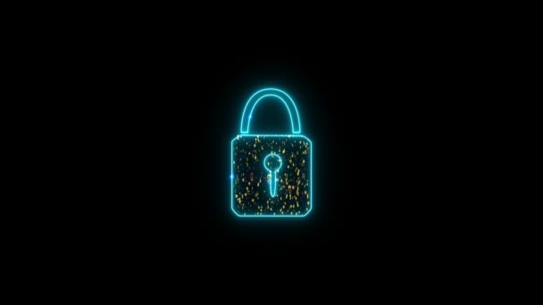 Security lock binary digital paticle explosive random number motion abstrak technology and dollar symbol luxury premium gold tone background on black screen — Stok Video