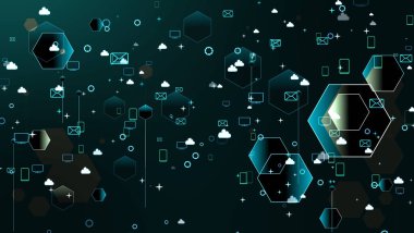 Sosyal medya simgesi olan altıgenlerin soyut çokgen geleceksel ilişkileri e-posta TV bilgisayar arkaplanı