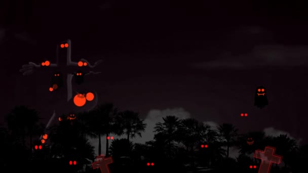 Noche de Halloween cielo atrás silueta palmera y malvados espíritus tumbas rojas con misteriosos ojos rojos en fantasmas parque temático — Vídeo de stock
