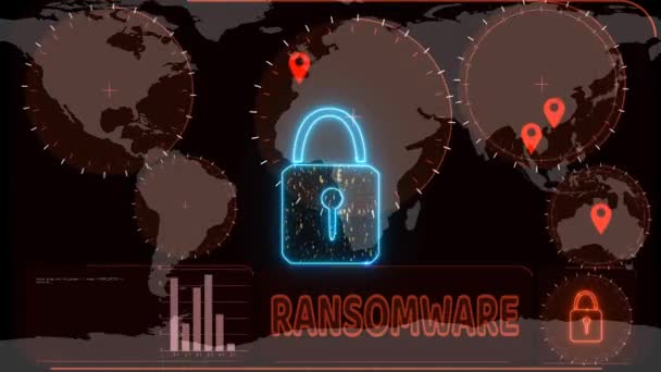 Hackers versleutelen rode digitale technologie Big Data Lock wordt gedetecteerd checkpoint door radar op wereldkaart, alternatief concept om ransomware beroven van uw geld te beschermen — Stockvideo