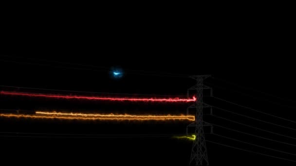 电力线上的能量与电线杆上的蓝色火花及未来能量循环的类型 — 图库视频影像