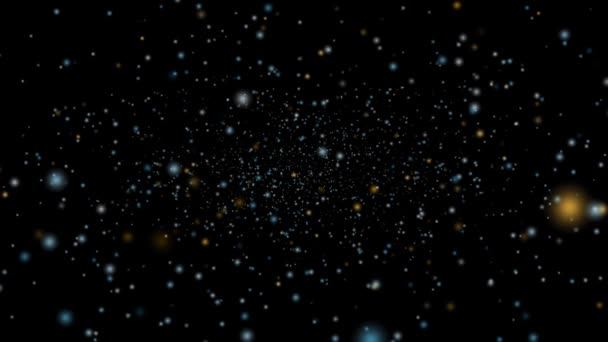 Zoom en el espacio profundo nieve dorada y polvo de estrellas de hielo flotando lentamente y se desvaneció en la pantalla negra — Vídeo de stock