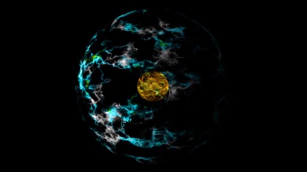 Abstraktní modrý hrom jádro vizualizace vlna technologie digitální energie koule povrch s mocným uvnitř a vlnolam vody venku — Stock video
