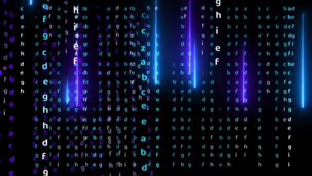 Matrix αλφάβητο και μπλε και μωβ λέιζερ αφηρημένο φως αποτέλεσμα που πέφτει στη μαύρη οθόνη — Αρχείο Βίντεο