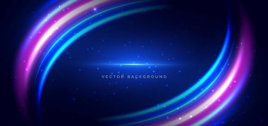 Koyu mavi arka planda mavi ve pembe kıvrımlı ışınlar. Yüksek hızlı gece efekti bulanık hareket ediyor. Vektör illüstrasyonu