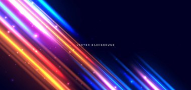 Koyu mavi arka planda çok renkli çapraz aydınlatma çizgileri. Yüksek hız hareketi konsepti. Vektör illüstrasyonu