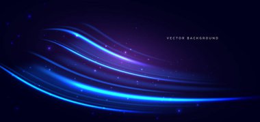 Mavi ışık, koyu arkaplanda parlayan kıvrımlı ışınlar. Fütürist hız çizgisi, teknolojik kablosuz veri iletişimi kavramı. Vektör illüstrasyonu