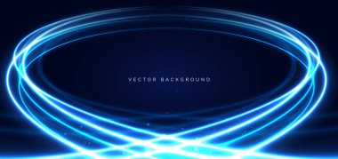 Mavi ışık, koyu arkaplanda parlayan kıvrımlı ışınlar. Fütürist hız çizgisi, teknolojik kablosuz veri iletişimi kavramı. Vektör illüstrasyonu