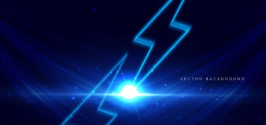 Gök gürültüsü simgesi mavi ışık, koyu mavi arka planda parıldıyor. Vektör illüstrasyonu