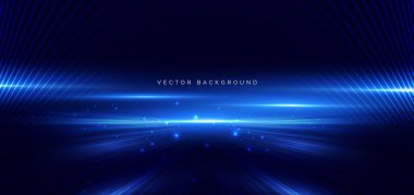 Koyu mavi arkaplanda parlayan mavi ışık huzmesi. Teknoloji hız arabası, iletişim veri konsepti. Vektör illüstrasyonu