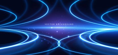 Koyu mavi arka planda mavi parlayan kavisli rya. Hız hareketi, yüksek teknoloji topluluğu, araba hızı kavramı. Vektör illüstrasyonu