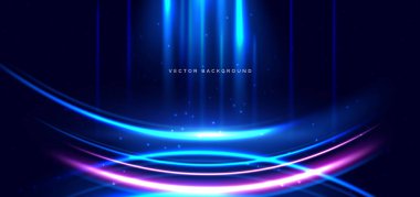 Koyu mavi arkaplanda dikey soyut mavi ışık. Hızlı hareket konsepti. Vektör illüstrasyonu.