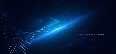 Lacivert arkaplanda mavi ışık efektli soyut nokta dinamik dalga çizgileri. Teknoloji bilimi, büyük veri kavramı. Vektör illüstrasyonu