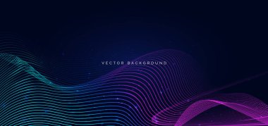 Gelecekçi mavi ve pembe dalga çizgisi ve koyu arkaplanda parlıyor. Teknoloji iletişim konsepti. Vektör illüstrasyonu