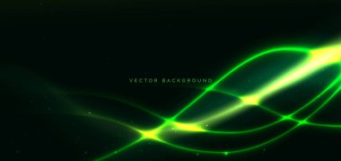 Soyut teknoloji yeşil kıvrımlar ve kıvrımlar koyu bir arkaplanda parlıyor. Geleceğin yeşil neonu. Vektör illüstrasyonu