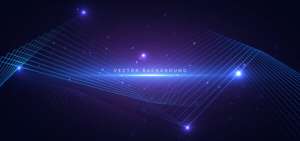Абстрактные светящиеся синие линии и точки освещения на темном фоне. Технологическая концепция сетевой связи. Векторная иллюстрация