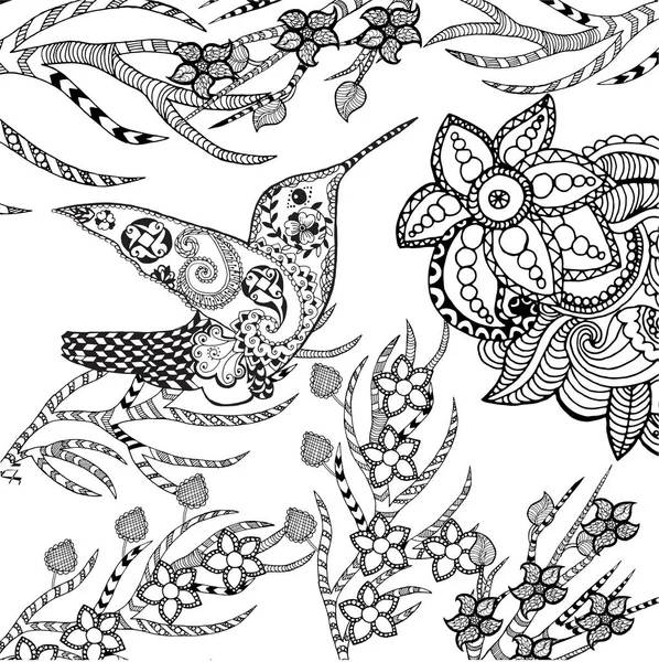 Oiseau tropical stylisé Zentangle dans un jardin fleuri — Image vectorielle