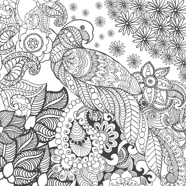 Perroquet mignon dans des fleurs fantastiques . — Image vectorielle